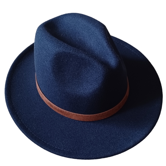 Navy Blue Women's Fedora Brimmed Hat, Brown Strap, Adjustable Size - Picture 2 of 11